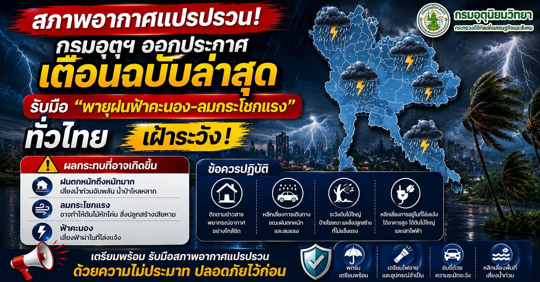 กรมอุตุฯ เตือนฉบับล่าสุด พายุฝนฟ้าคะนอง-ลมกระโชกแรง ทั่วไทย